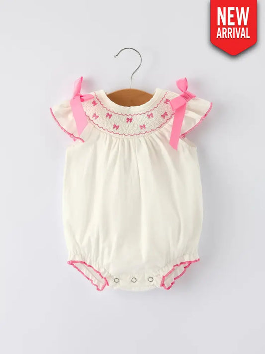 Fall White Baby Girls Romper with Pink Bow Embroidery Romper