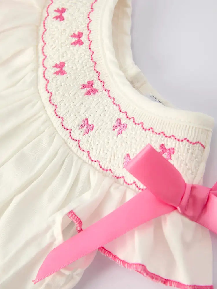 Fall White Baby Girls Romper with Pink Bow Embroidery Romper