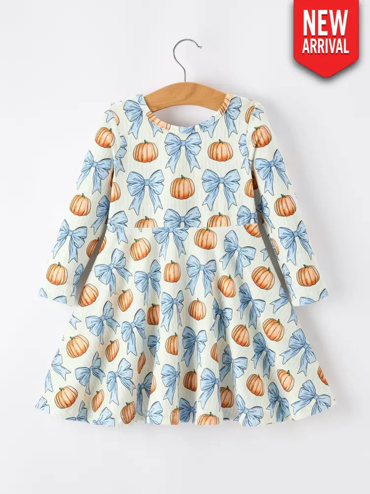 Halloween Thanksgiving Pumpkin Bow Girls Dress Long Sleeve - Dress
