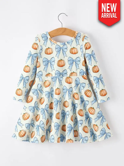 Halloween Thanksgiving Pumpkin Bow Girls Dress Long Sleeve - Dress