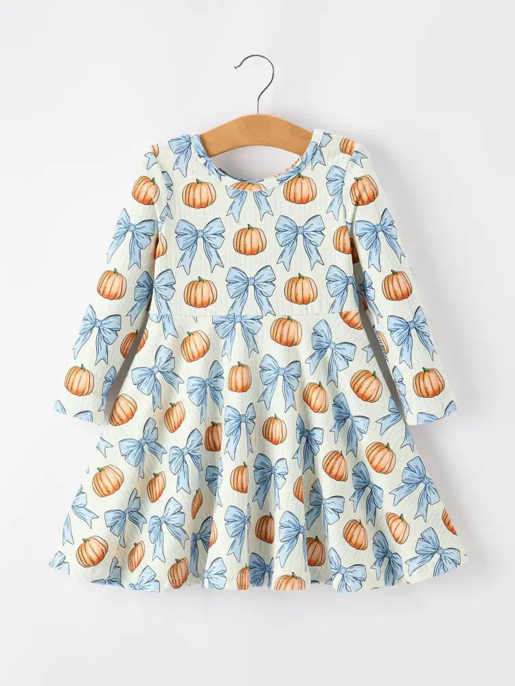 Halloween Thanksgiving Pumpkin Bow Girls Dress Long Sleeve - Dress