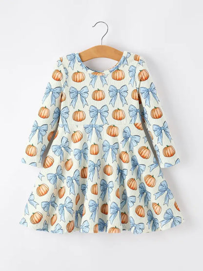 Halloween Thanksgiving Pumpkin Bow Girls Dress Long Sleeve - Dress