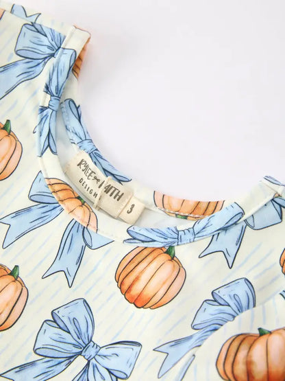 Halloween Thanksgiving Pumpkin Bow Girls Dress Long Sleeve - Dress