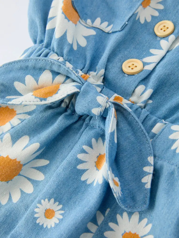 Spring Daisy Print Girls Blue Denim Jumpsuit Jumpsuit
