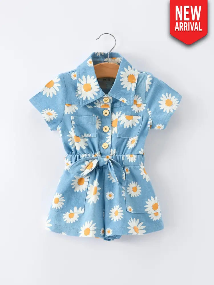 Spring Daisy Print Girls Blue Denim Jumpsuit Jumpsuit