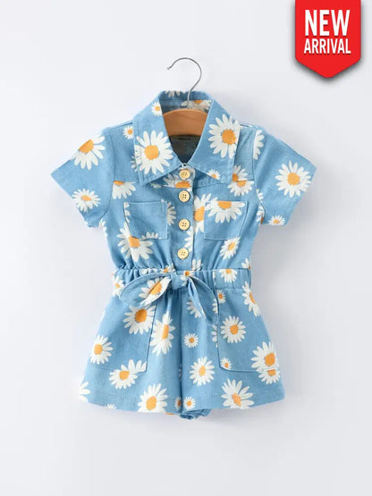 Spring Daisy Print Girls Blue Denim Jumpsuit Jumpsuit