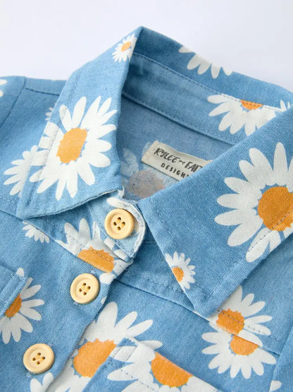 Spring Daisy Print Girls Blue Denim Jumpsuit Jumpsuit