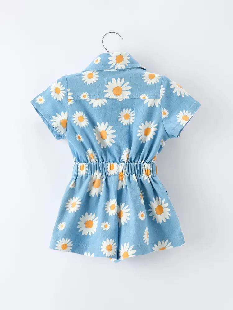 Spring Daisy Print Girls Blue Denim Jumpsuit Jumpsuit