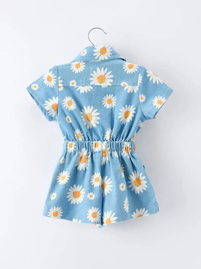 Spring Daisy Print Girls Blue Denim Jumpsuit Jumpsuit