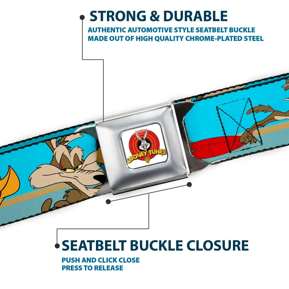 Looney Tunes Logo Full Color White Seatbelt Belt - Road Runner/Wile E. Coyote Scene2 Desert Webbing Seatbelt Belts