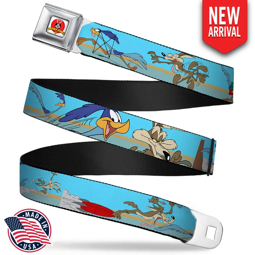 Looney Tunes Logo Full Color White Seatbelt Belt - Road Runner/Wile E. Coyote Scene2 Desert Webbing Seatbelt Belts