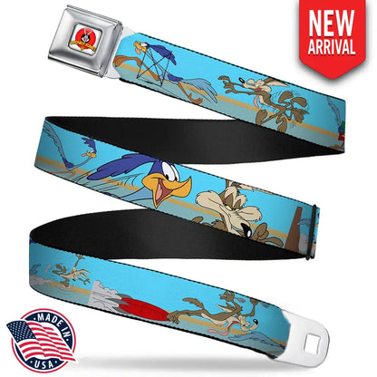 Looney Tunes Logo Full Color White Seatbelt Belt - Road Runner/Wile E. Coyote Scene2 Desert Webbing Seatbelt Belts