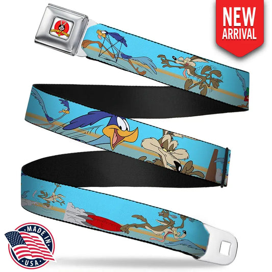 Looney Tunes Logo Full Color White Seatbelt Belt - Road Runner/Wile E. Coyote Scene2 Desert Webbing Seatbelt Belts