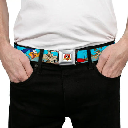 Looney Tunes Logo Full Color White Seatbelt Belt - Road Runner/Wile E. Coyote Scene2 Desert Webbing Seatbelt Belts