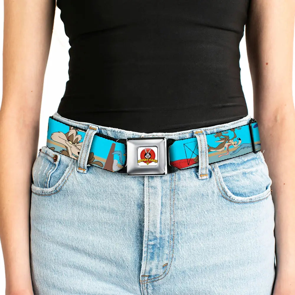 Looney Tunes Logo Full Color White Seatbelt Belt - Road Runner/Wile E. Coyote Scene2 Desert Webbing Seatbelt Belts