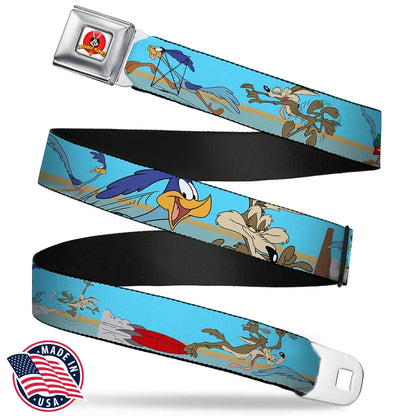 Looney Tunes Logo Full Color White Seatbelt Belt - Road Runner/Wile E. Coyote Scene2 Desert Webbing Seatbelt Belts