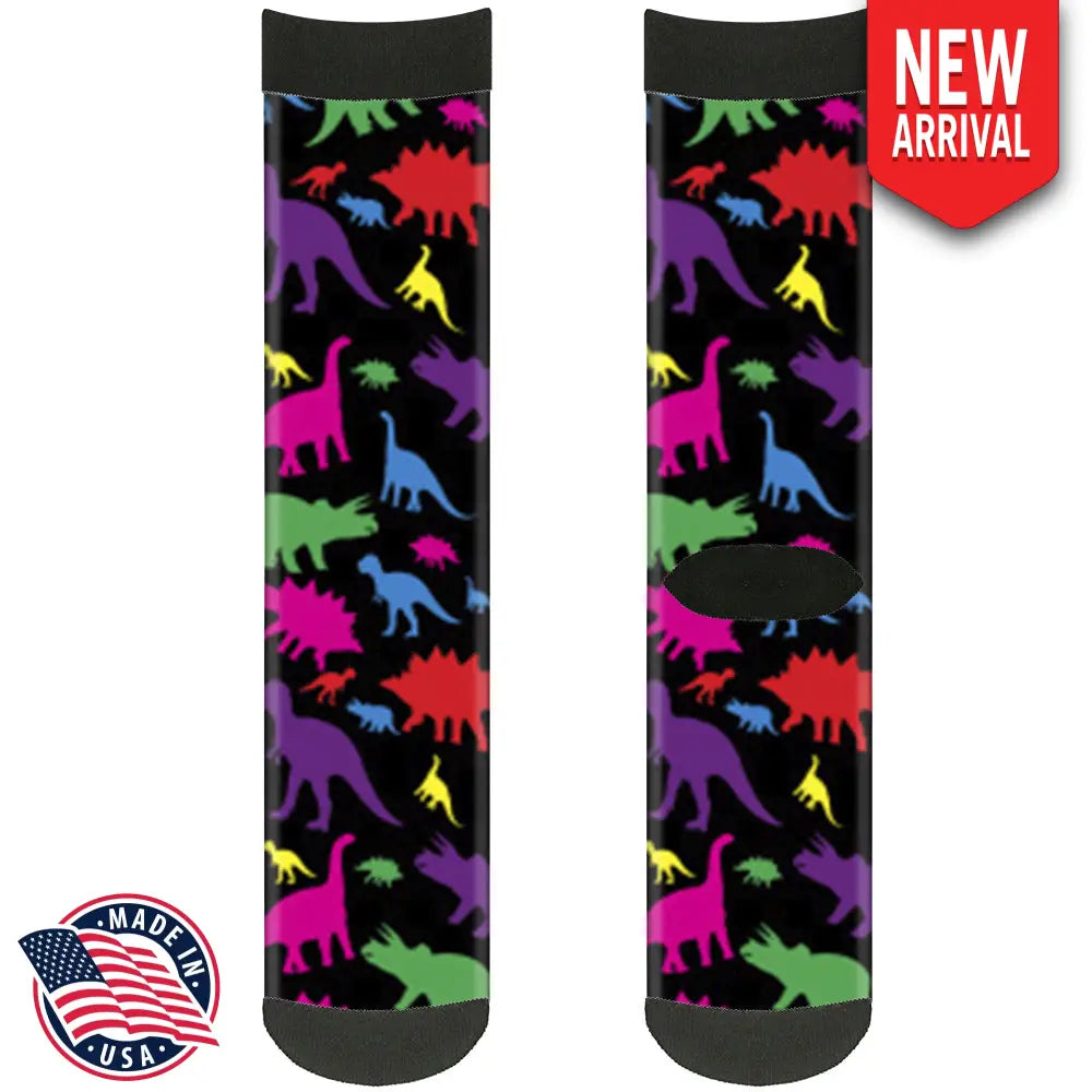 Sock Pair - Polyester - Dinosaur Silhouette Black Multi Color - CREW Socks