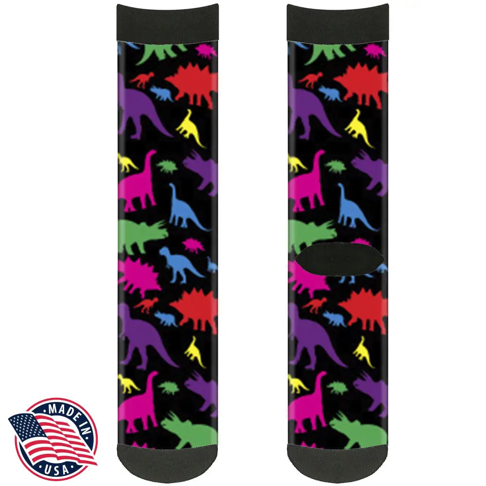 Sock Pair - Polyester - Dinosaur Silhouette Black Multi Color - CREW Socks