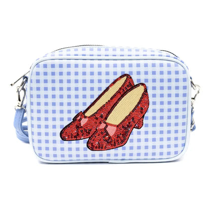 Wizard of Oz Bag Cross Body The Wizard of Oz Dorothy Sequined Ruby Slippers with Toto Pose Blue Vegan Leather Crossbody