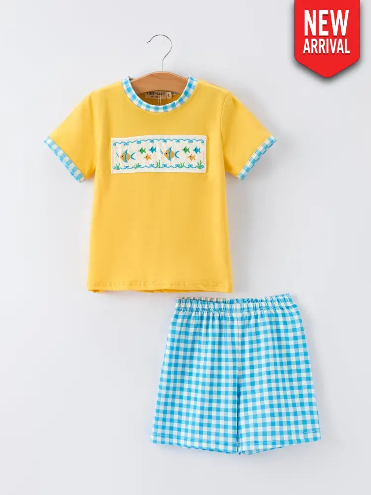 Fish Embroidery Smocking Plaid Boys’Set Outfit
