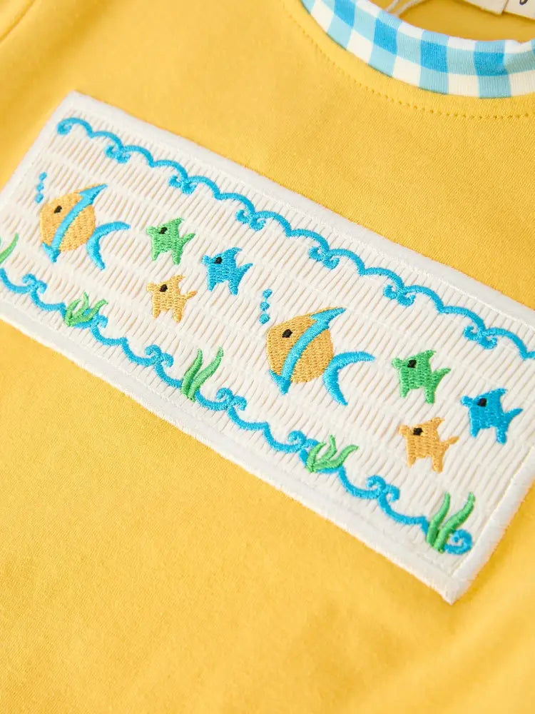 Fish Embroidery Smocking Plaid Boys’Set Outfit