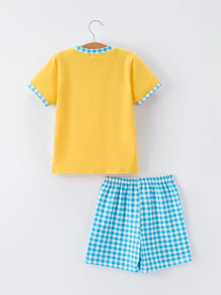 Fish Embroidery Smocking Plaid Boys’Set Outfit