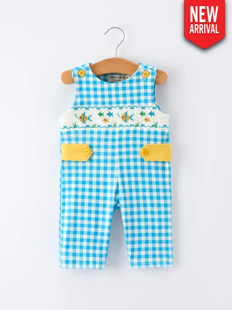 Fish Embroidery Smocking Plaid Baby Boy Romper Romper