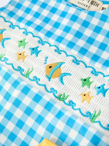 Fish Embroidery Smocking Plaid Baby Boy Romper Romper