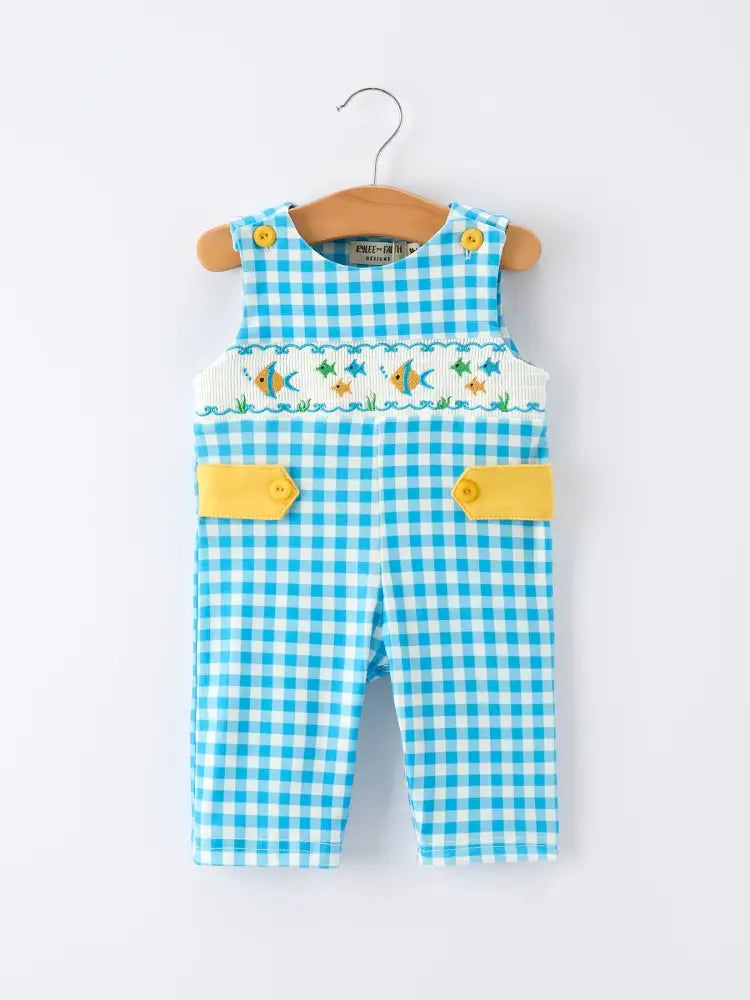 Fish Embroidery Smocking Plaid Baby Boy Romper Romper