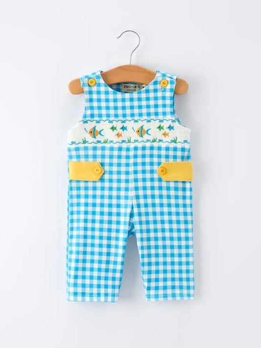 Fish Embroidery Smocking Plaid Baby Boy Romper Romper