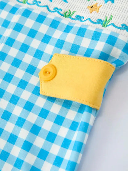Fish Embroidery Smocking Plaid Baby Boy Romper Romper