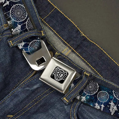 BD Wings Logo CLOSE-UP Full Color Black Silver Seatbelt Belt - Dream Catcher Galaxy/White Webbing Seatbelt Belts