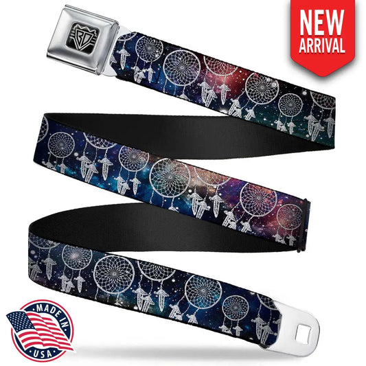 BD Wings Logo CLOSE-UP Full Color Black Silver Seatbelt Belt - Dream Catcher Galaxy/White Webbing Seatbelt Belts