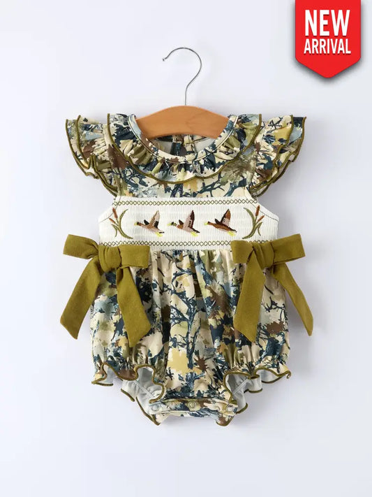 Duck Smocking Embroidery Baby Girls Camouflage Romper - Romper