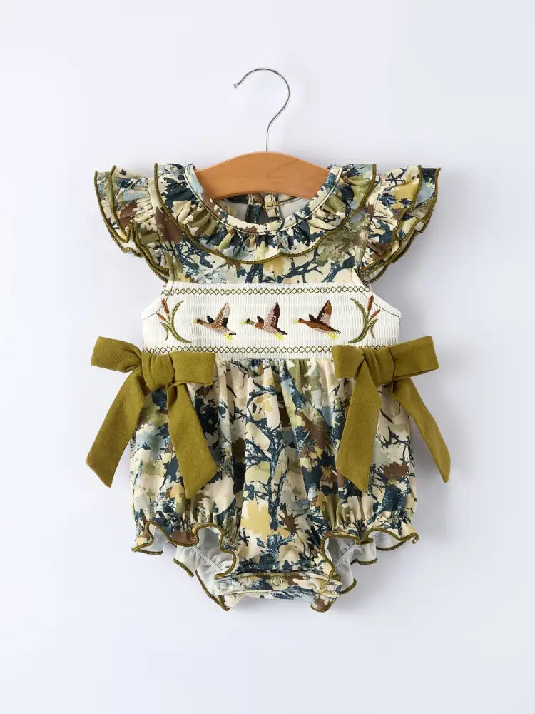 Duck Smocking Embroidery Baby Girls Camouflage Romper - Romper