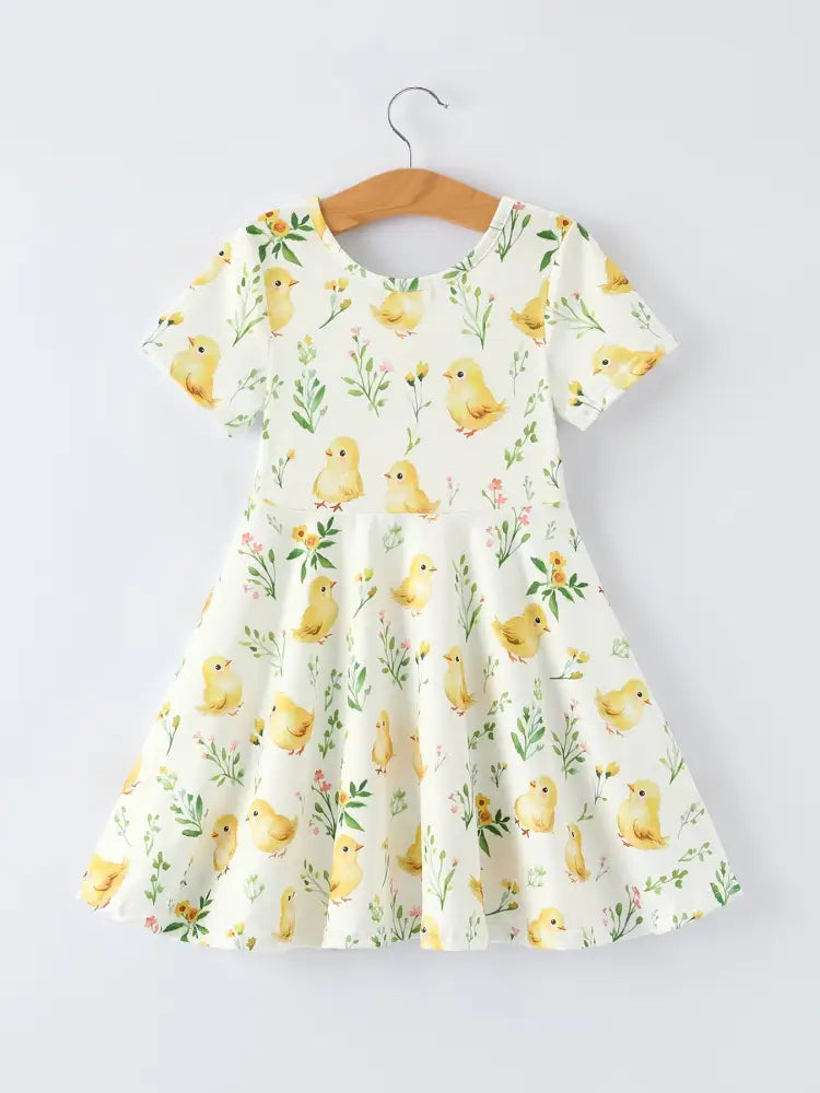 Easter Chick Floral Girls Twirl Short Sleeve Dress - Dress