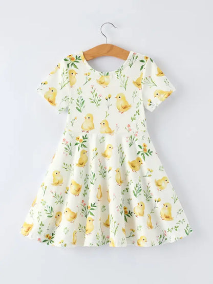 Easter Chick Floral Girls Twirl Short Sleeve Dress - Dress