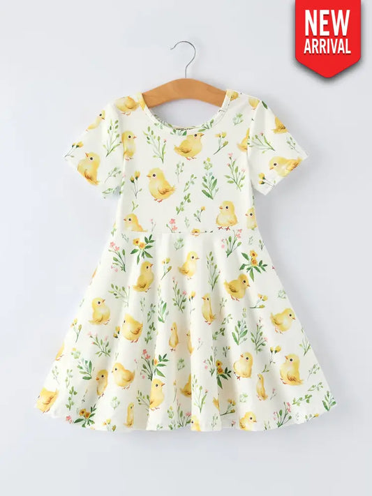 Easter Chick Floral Girls Twirl Short Sleeve Dress - Dress