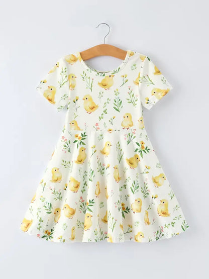 Easter Chick Floral Girls Twirl Short Sleeve Dress - Dress