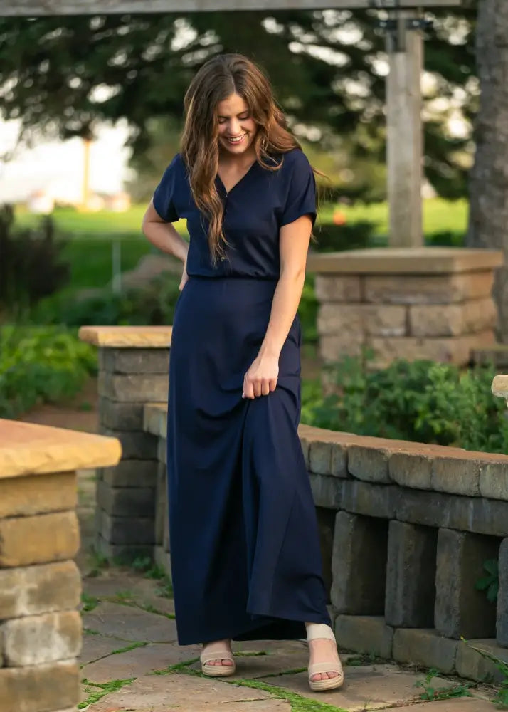 Ella Navy Cinched Waist Maxi Dress - IC Dresses