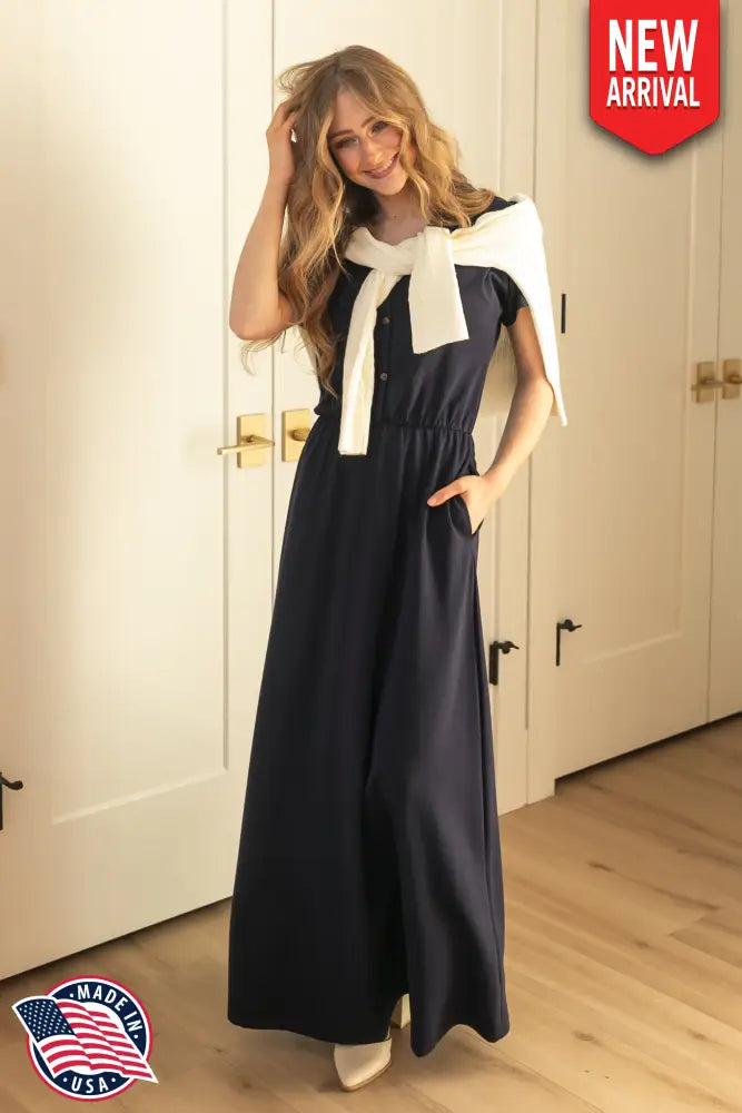 Ella Navy Cinched Waist Maxi Dress - IC Dresses