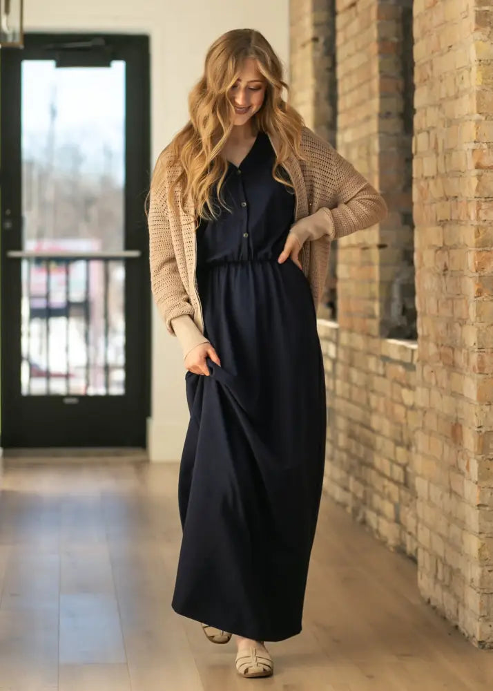 Ella Navy Cinched Waist Maxi Dress - IC Dresses