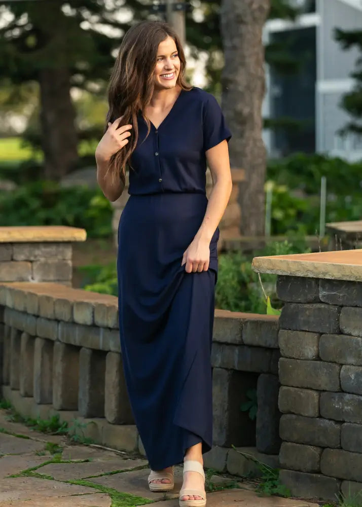 Ella Navy Cinched Waist Maxi Dress - IC Dresses