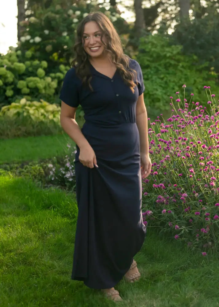 Ella Navy Cinched Waist Maxi Dress - IC Dresses