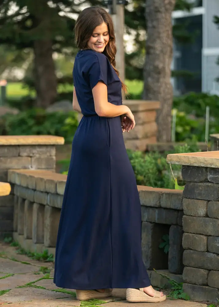 Ella Navy Cinched Waist Maxi Dress - IC Dresses