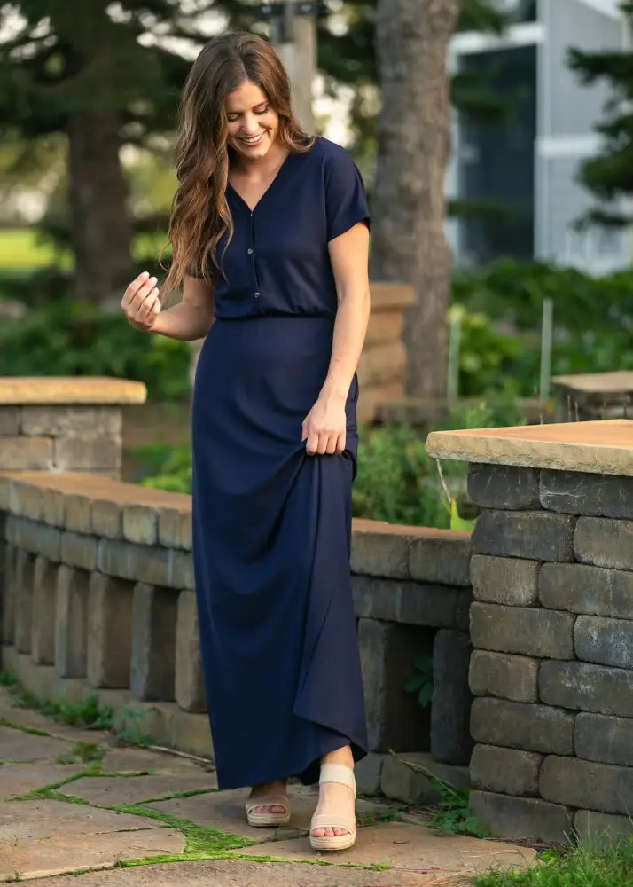 Ella Navy Cinched Waist Maxi Dress - IC Dresses