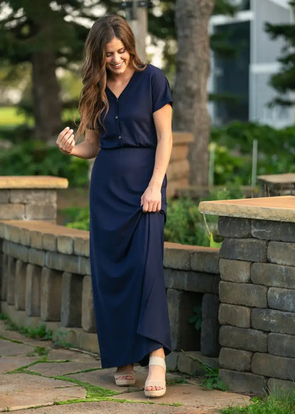 Ella Navy Cinched Waist Maxi Dress - IC Dresses