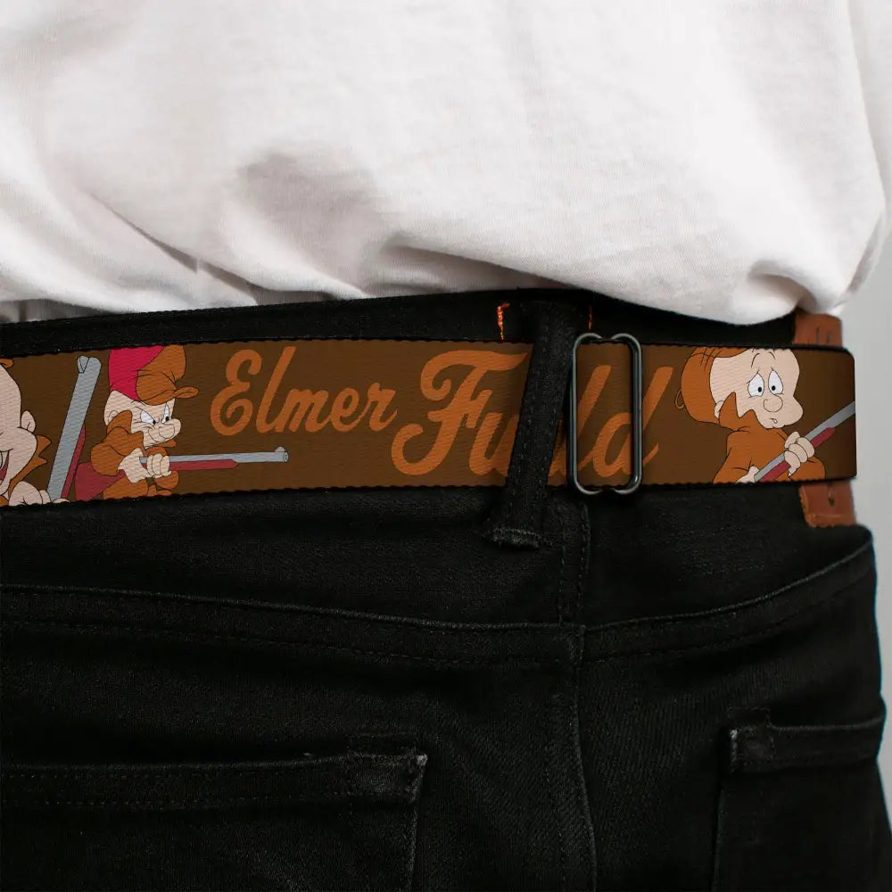 Looney Tunes Logo Full Color White Seatbelt Belt - ELMER FUDD w/Poses Browns Webbing Seatbelt Belts