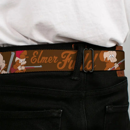 Looney Tunes Logo Full Color White Seatbelt Belt - ELMER FUDD w/Poses Browns Webbing Seatbelt Belts