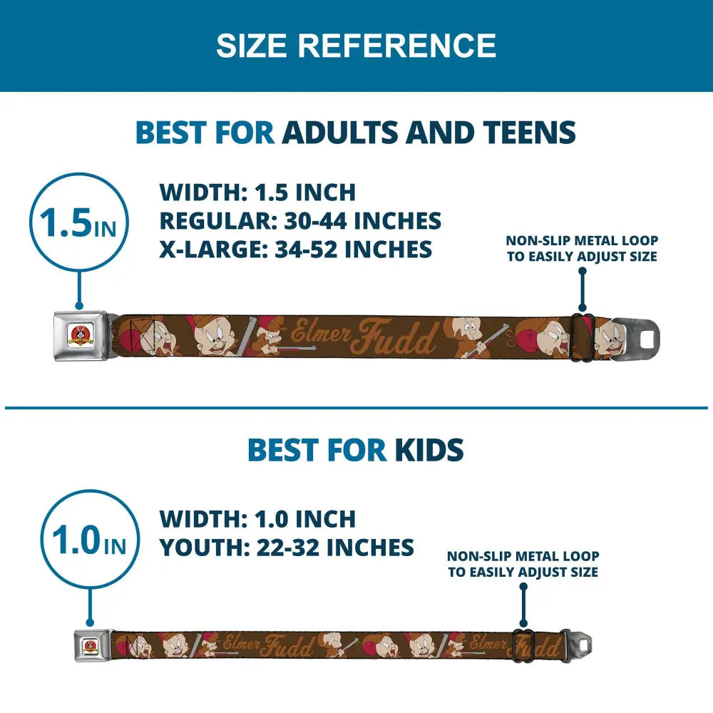 Looney Tunes Logo Full Color White Seatbelt Belt - ELMER FUDD w/Poses Browns Webbing Seatbelt Belts